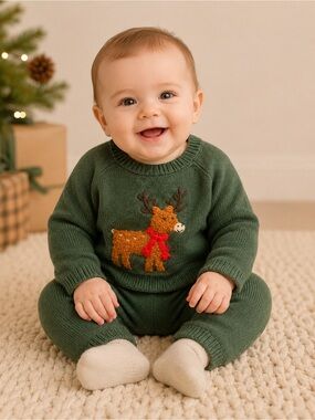 Little Me •NWT Baby Knit Reindeer Sweater Set - Forest Green with Tan Reindeer